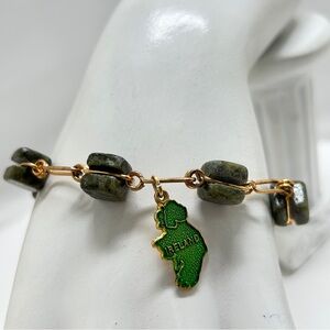 Mizpah, England, Gold And Dark Green Serpentine Bracelet With Ireland Charm, 8”